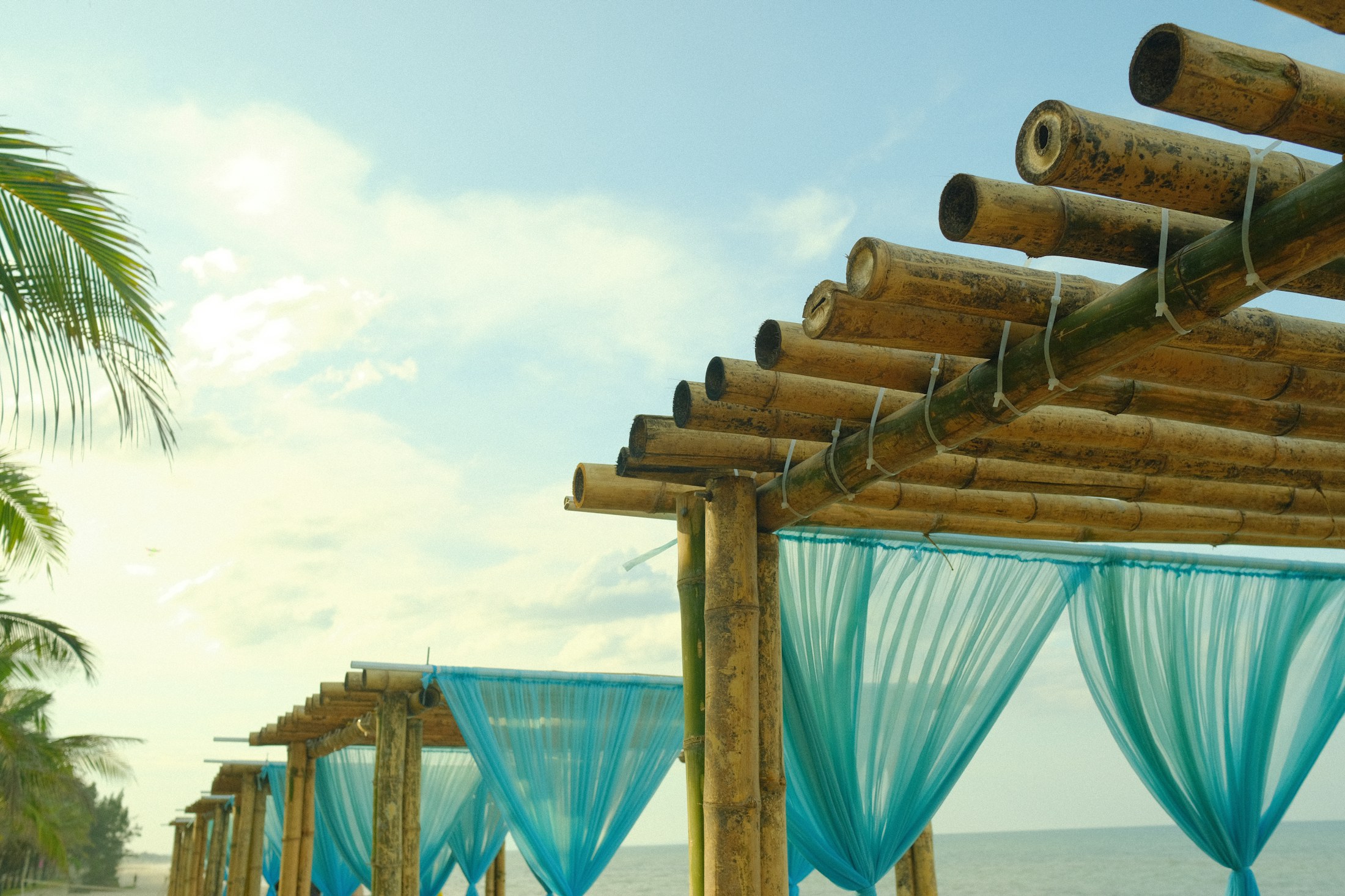 Blue beach pergolas and sea